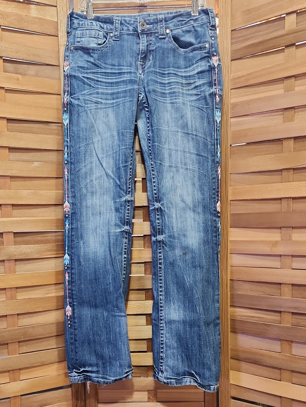 Cowgirl Tuff Co. Pathmaker Blue Straight-Leg Jeans Embroidered Trim Women 28
